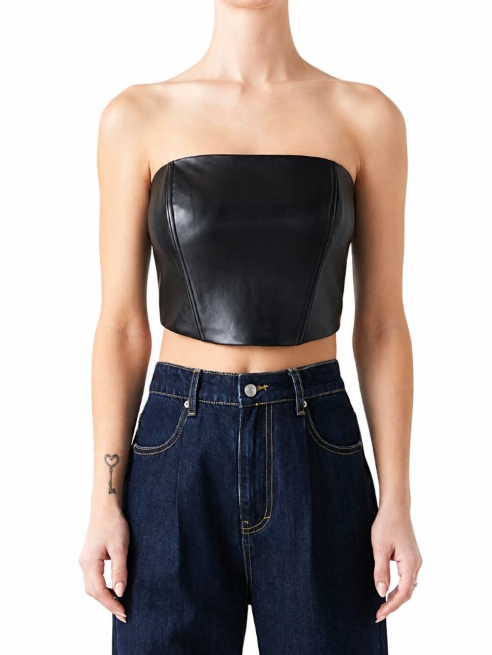 Grey Lab Black Faux Leather Strapless Corset Crop Top Size Small